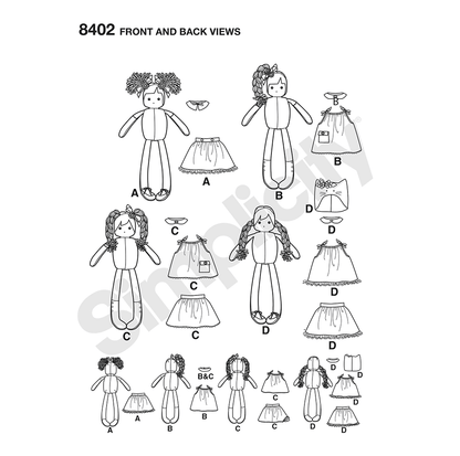Simplicity S8402 sewing pattern envelope showing stuffed dolls with clothes