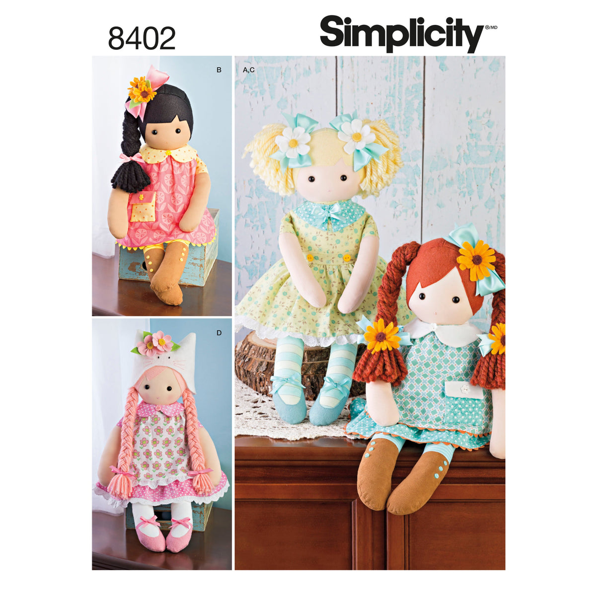 Simplicity S8402 sewing pattern envelope showing stuffed dolls with clothes