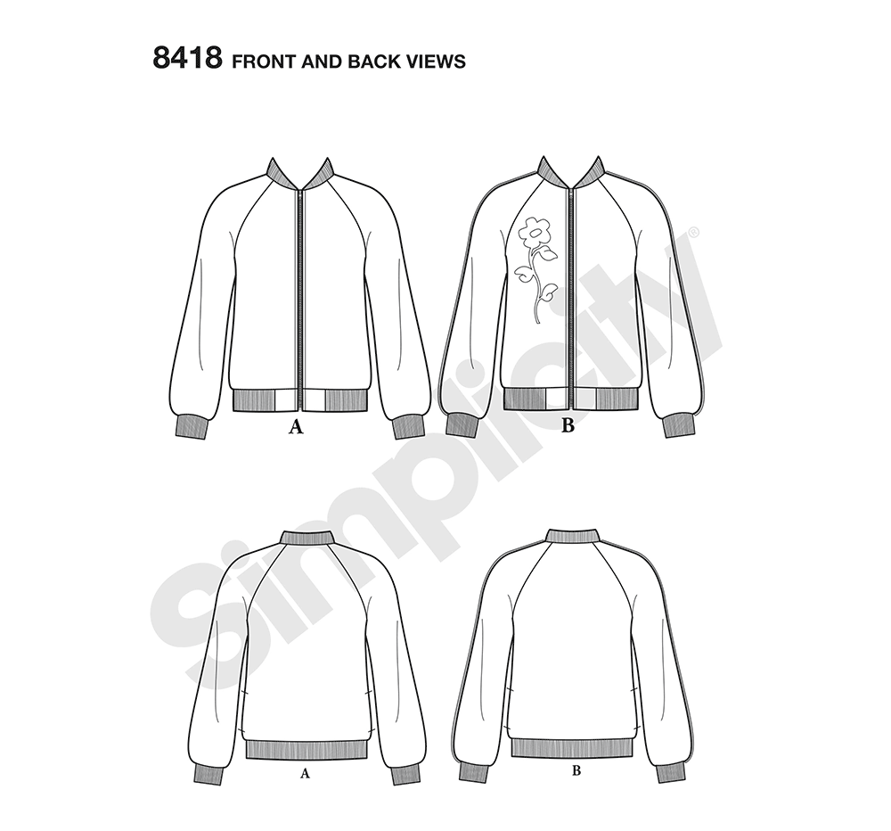 Simplicity S8418 sewing pattern envelope showing bomber jackets