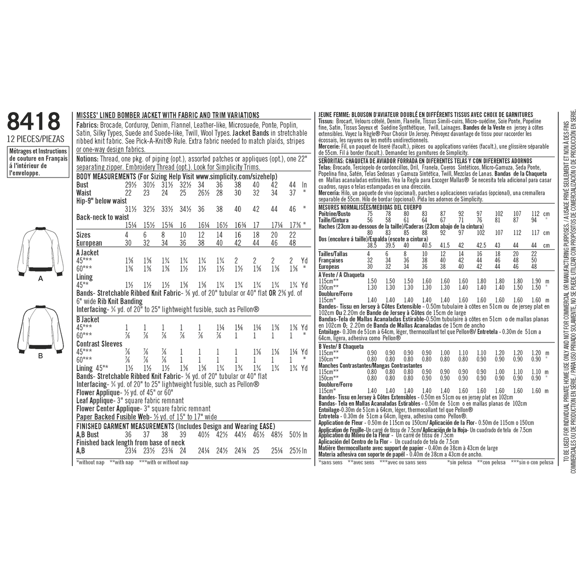 Simplicity S8418 sewing pattern envelope showing bomber jackets