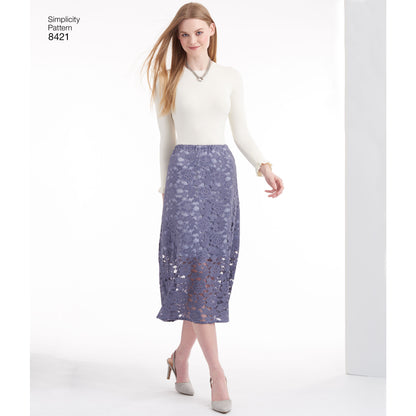 Simplicity S8421 sewing pattern envelope showing skirts in several styles