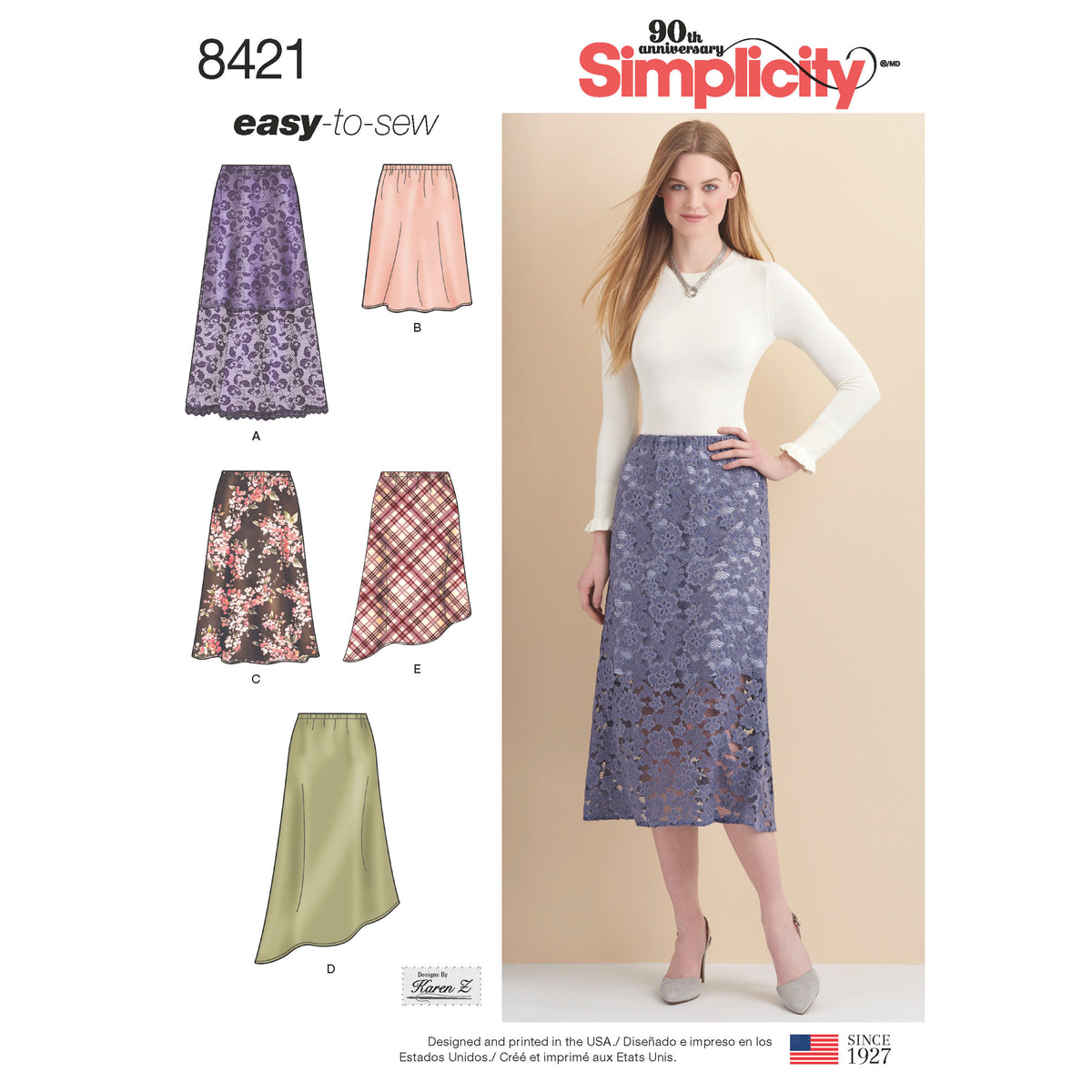 Simplicity S8421 sewing pattern envelope showing skirts in several styles