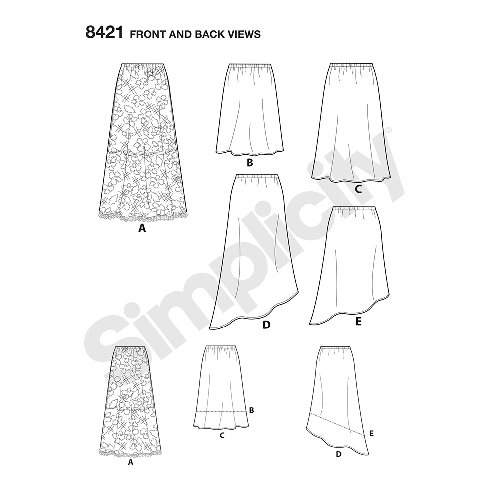Simplicity S8421 sewing pattern envelope showing skirts in several styles