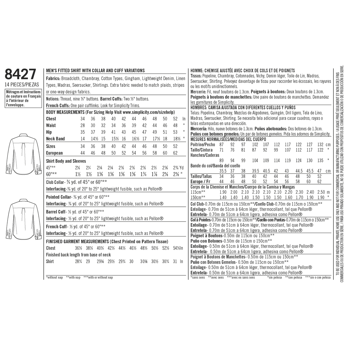 Simplicity S8427 sewing pattern envelope showing men's fitted shirts