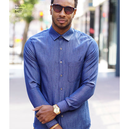 Simplicity S8427 sewing pattern envelope showing men's fitted shirts