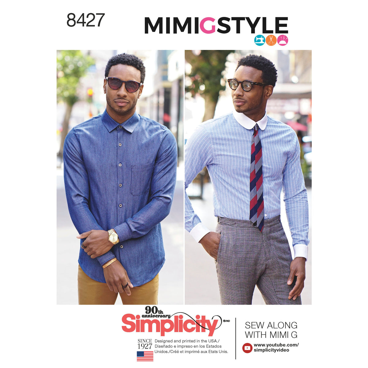 Simplicity S8427 sewing pattern envelope showing men's fitted shirts