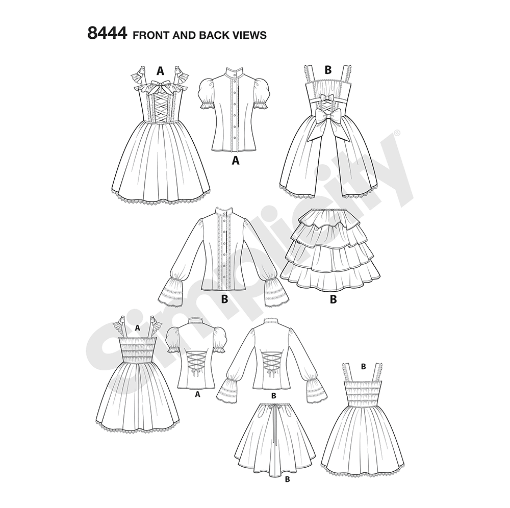 Simplicity S8444 sewing pattern envelope showing ruffle costume dresses