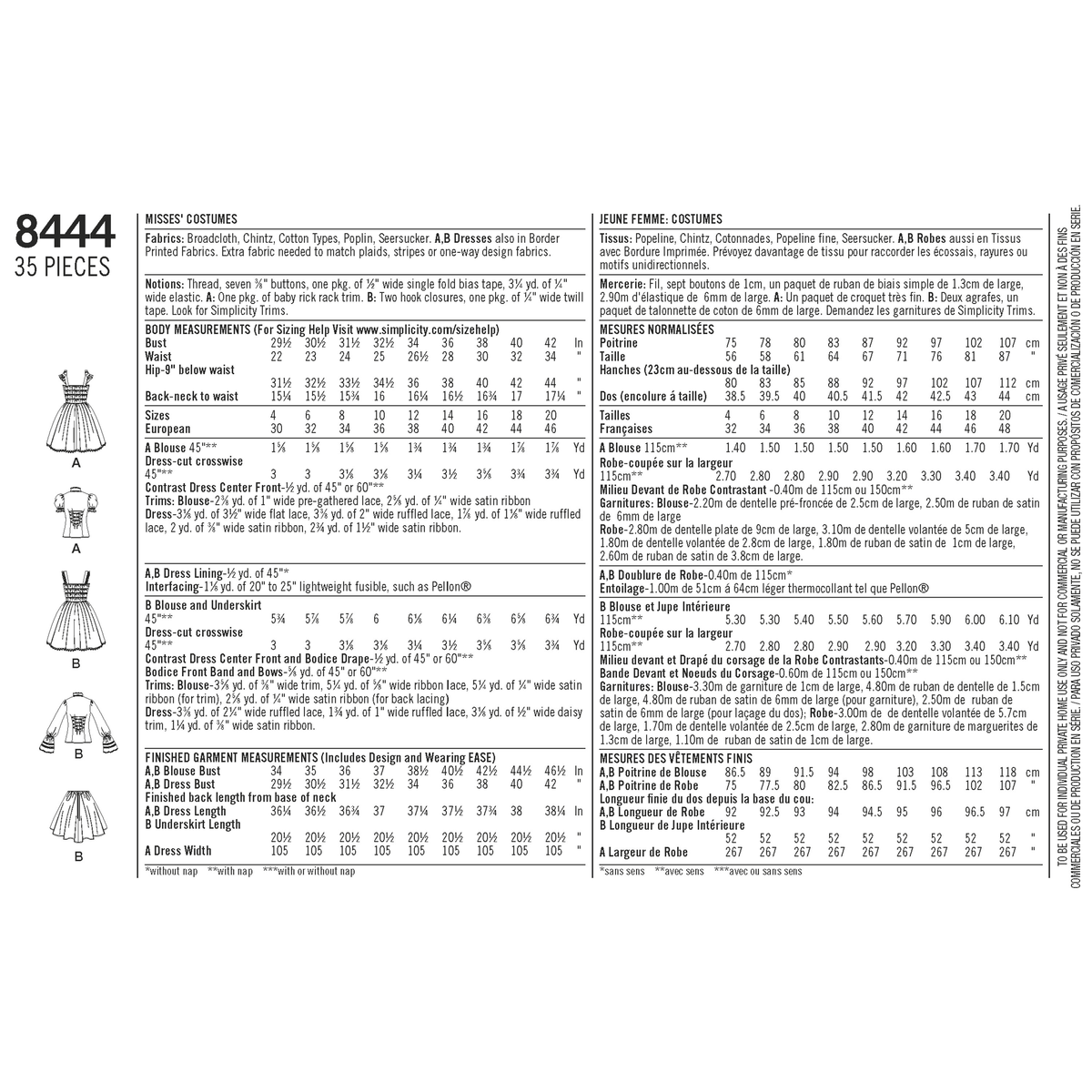 Simplicity S8444 sewing pattern envelope showing ruffle costume dresses