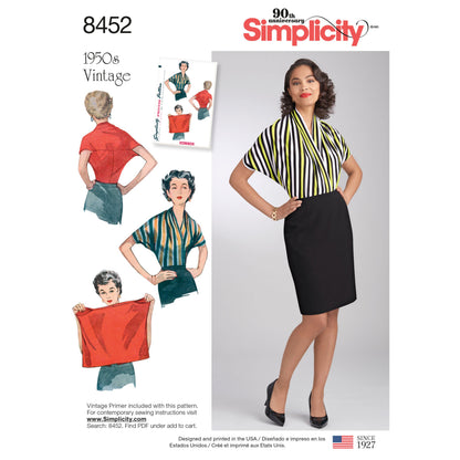 Simplicity S8452 sewing pattern envelope showing 1950s style blouses