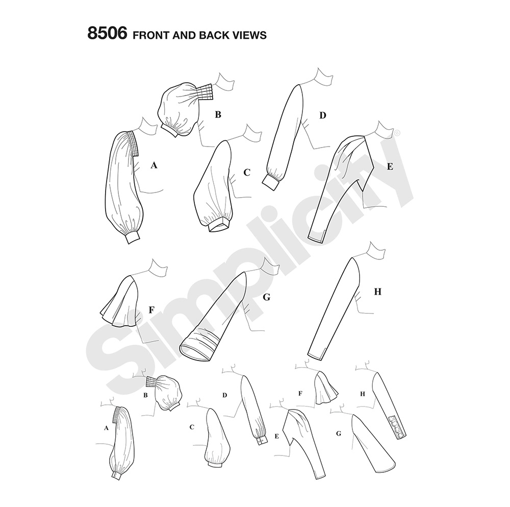 Simplicity S8506 sewing pattern envelope showing sleeve styles for tops and dresses