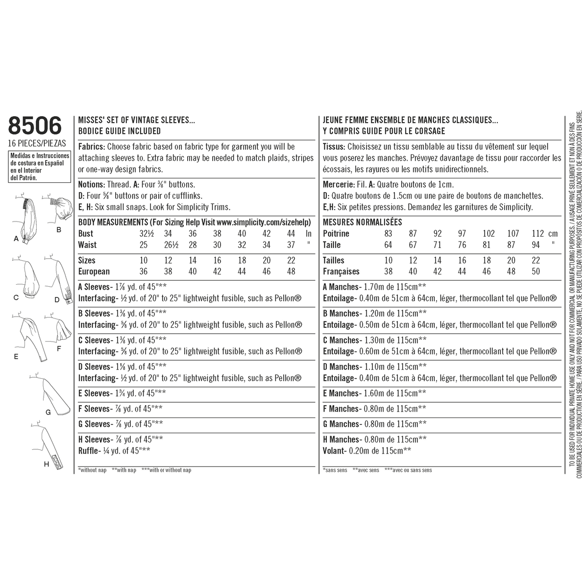 Simplicity S8506 sewing pattern envelope showing sleeve styles for tops and dresses