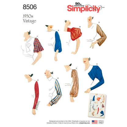 Simplicity S8506 sewing pattern envelope showing sleeve styles for tops and dresses