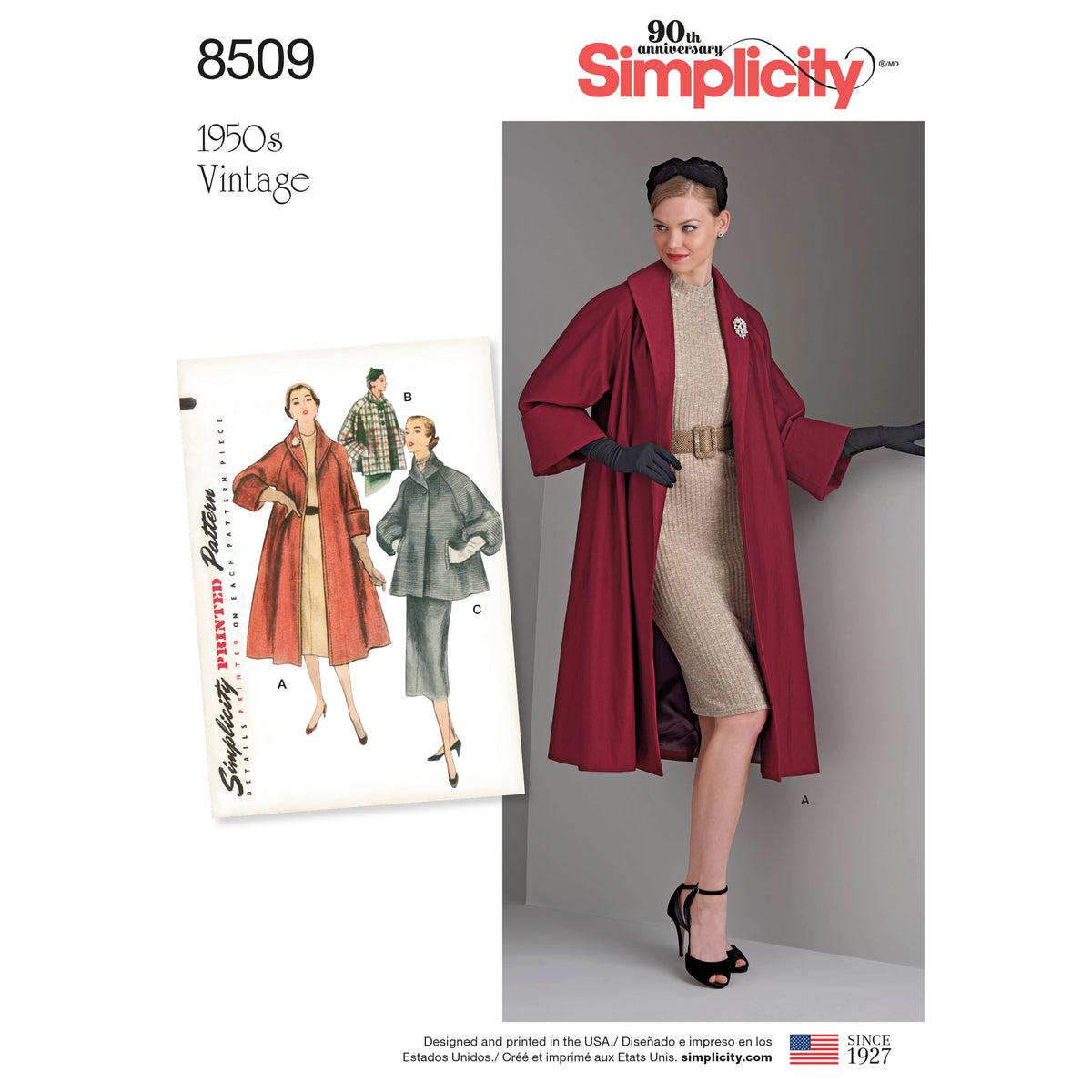 Simplicity S8509 sewing pattern envelope showing 1950s style coat and jacket