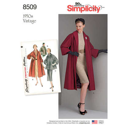 Simplicity S8509 sewing pattern envelope showing 1950s style coat and jacket
