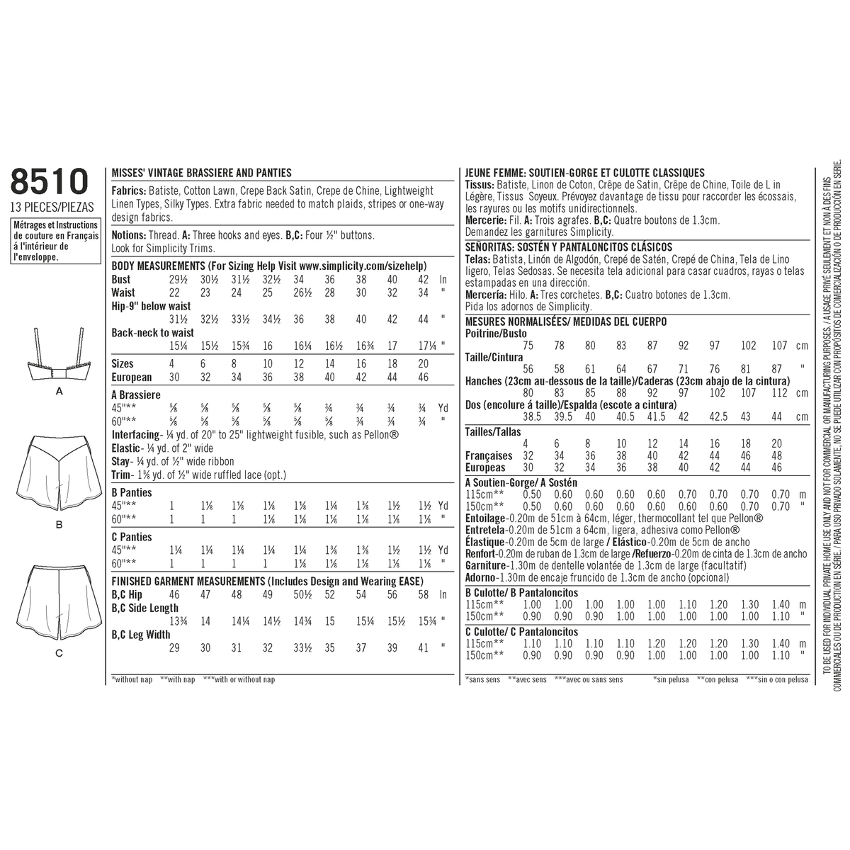 Simplicity sewing pattern S8510 envelope showing bra and knickers set