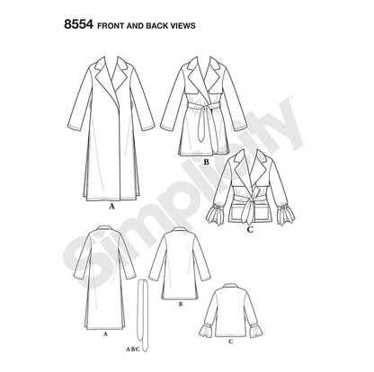 Simplicity sewing pattern S8554 envelope showing soft trench coat and jacket