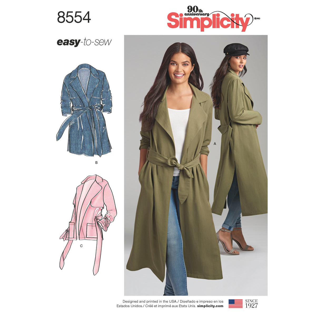 Simplicity sewing pattern S8554 envelope showing soft trench coat and jacket