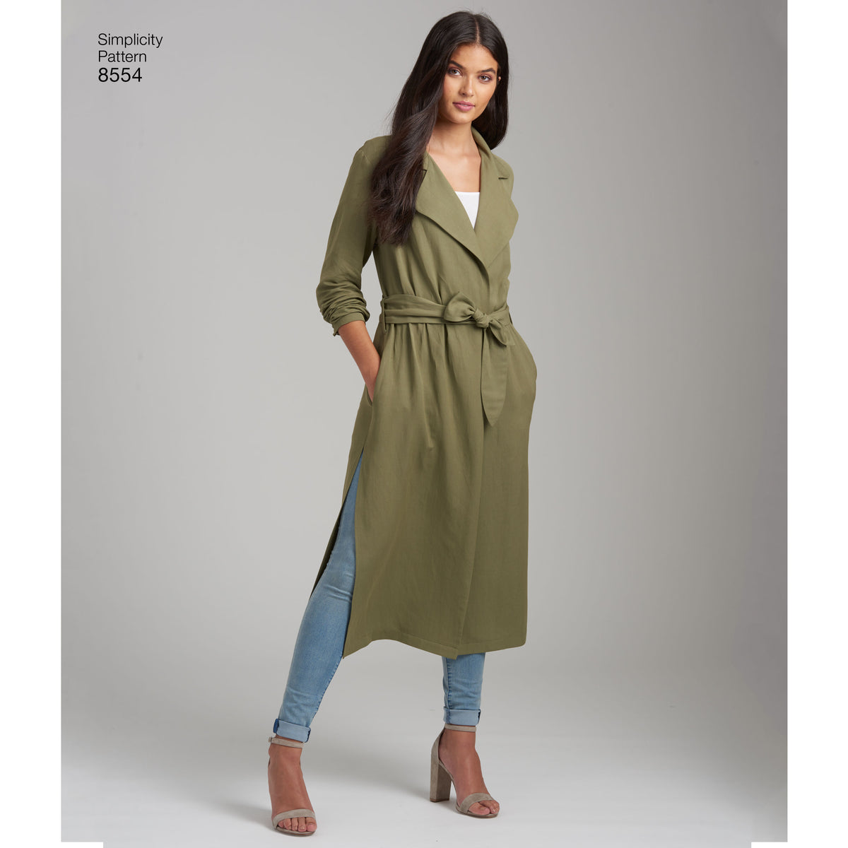 Simplicity sewing pattern S8554 envelope showing soft trench coat and jacket