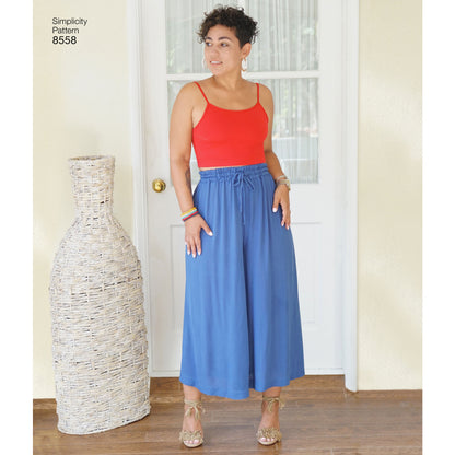 Simplicity sewing pattern S8558 envelope showing wide-leg trousers, jacket and crop top