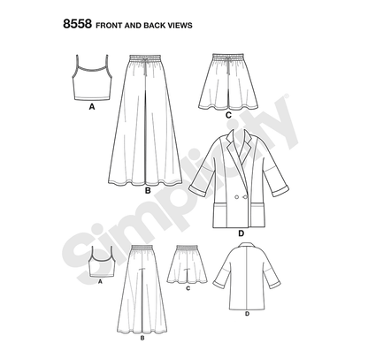 Simplicity sewing pattern S8558 envelope showing wide-leg trousers, jacket and crop top