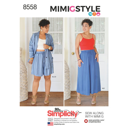 Simplicity sewing pattern S8558 envelope showing wide-leg trousers, jacket and crop top