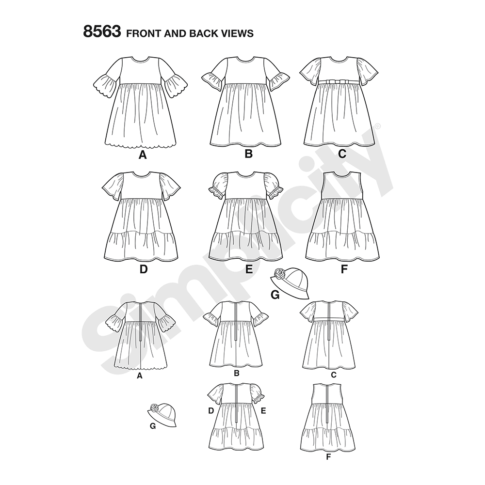 Simplicity sewing pattern S8563 envelope showing toddler dresses and hat