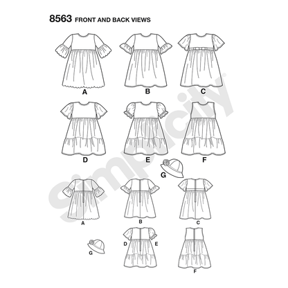 Simplicity sewing pattern S8563 envelope showing toddler dresses and hat