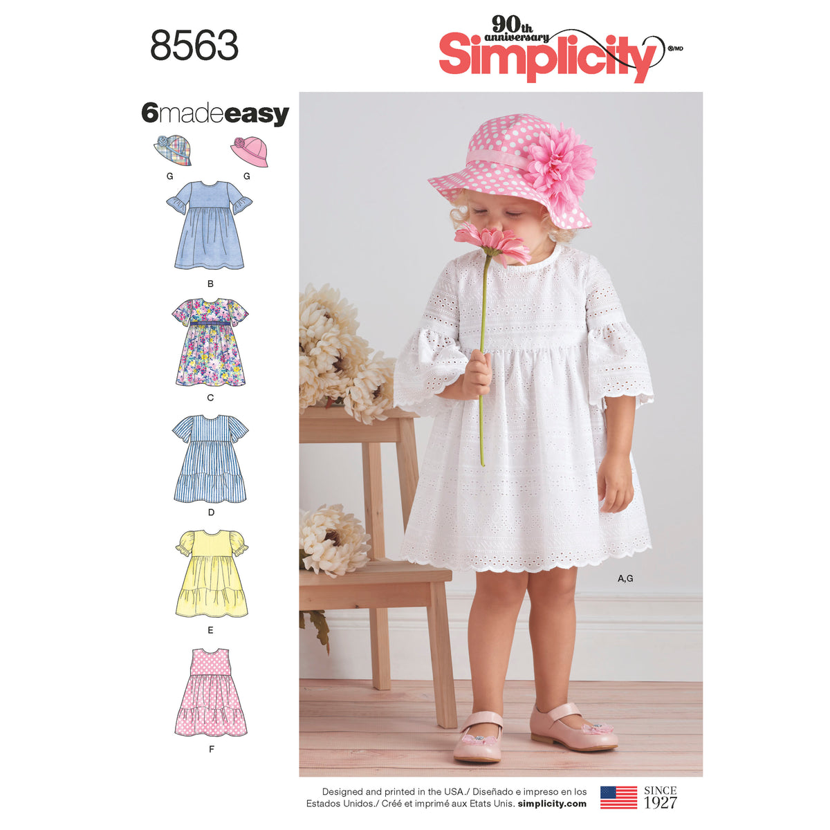 Simplicity sewing pattern S8563 envelope showing toddler dresses and hat
