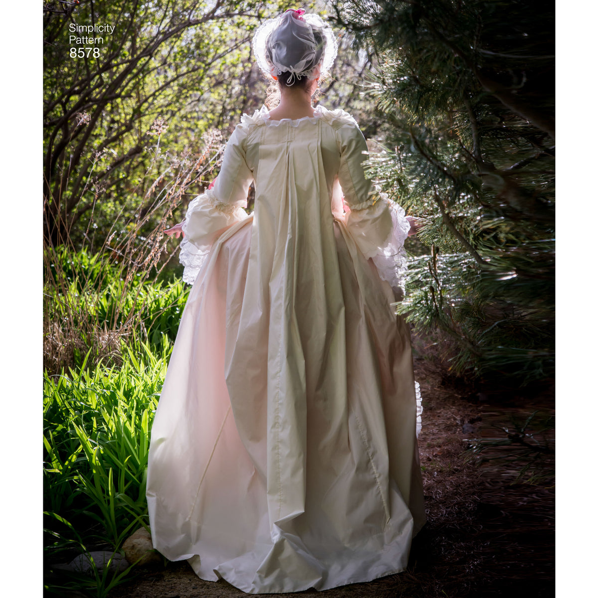 Simplicity sewing pattern S8578 envelope showing 18th century gown