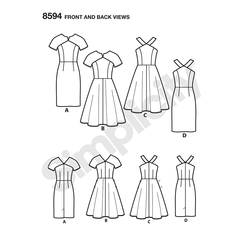 Simplicity sewing pattern S8594 envelope showing dresses