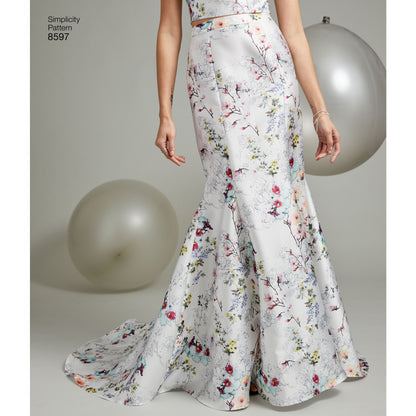 Simplicity sewing pattern S8597 envelope showing special occasion skirts