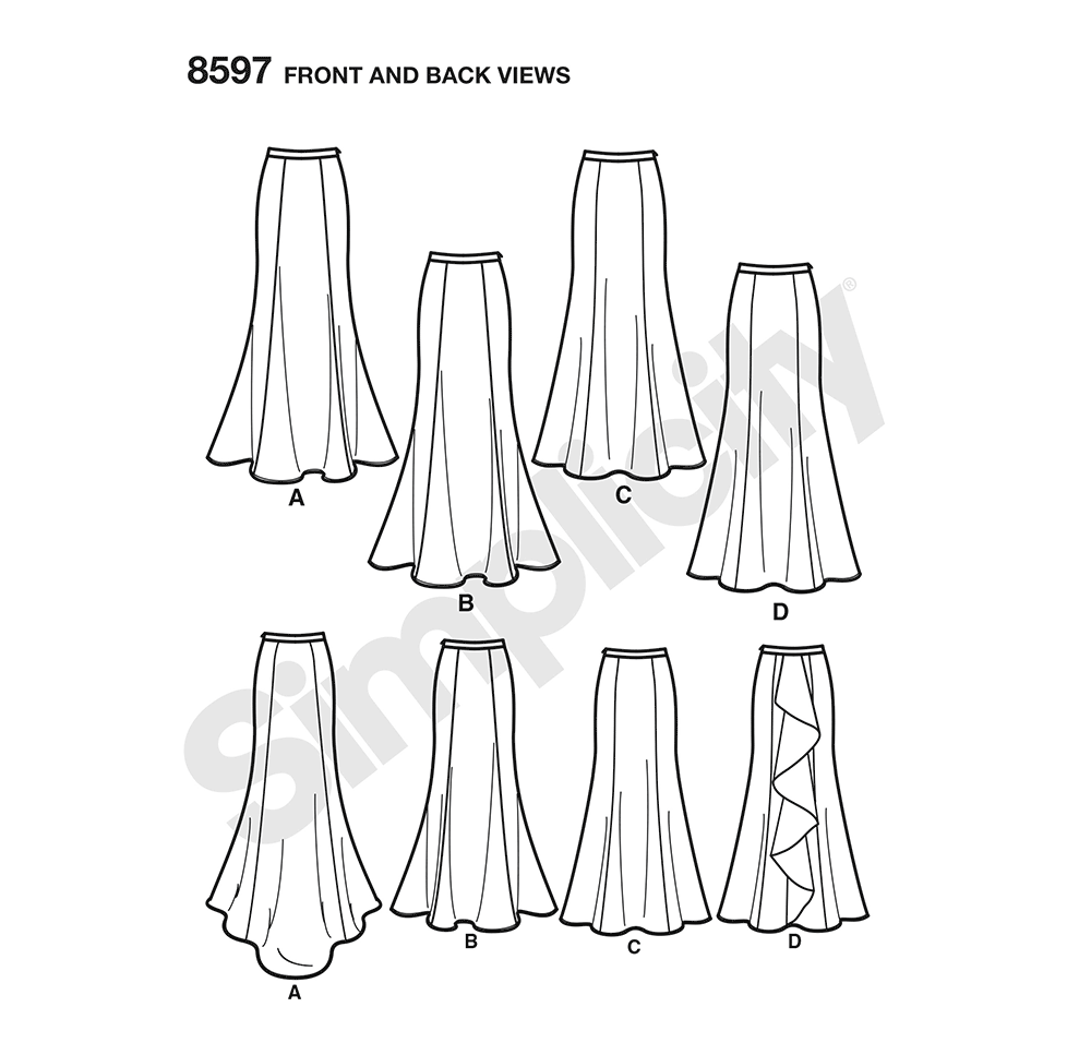 Simplicity sewing pattern S8597 envelope showing special occasion skirts