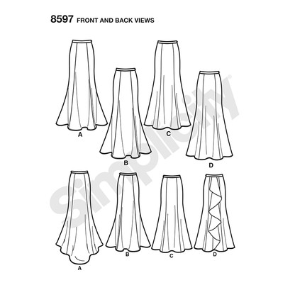 Simplicity sewing pattern S8597 envelope showing special occasion skirts