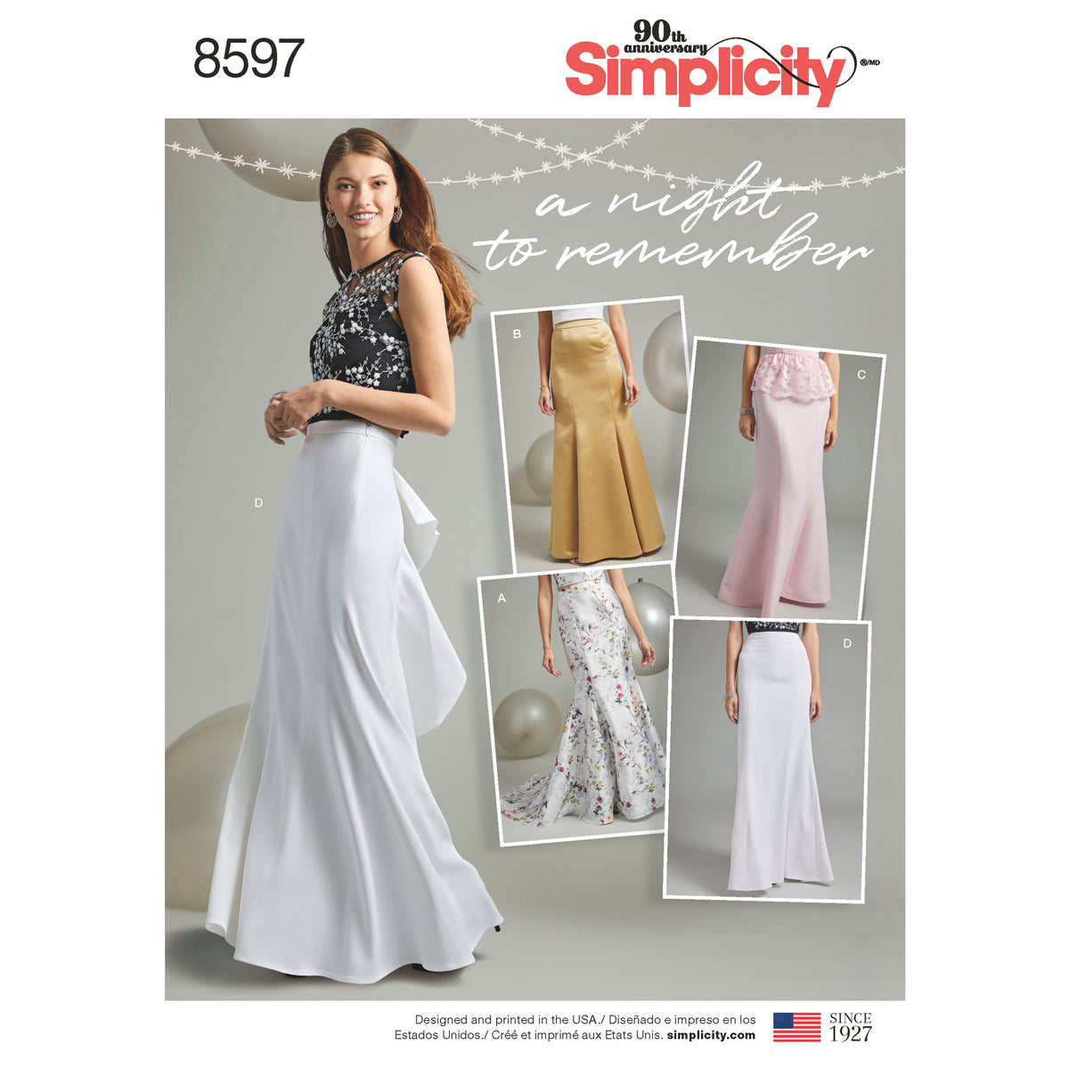 Simplicity sewing pattern S8597 envelope showing special occasion skirts