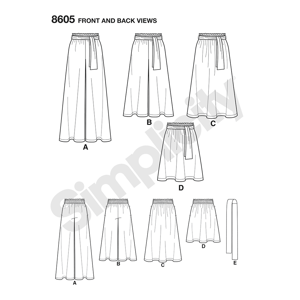 Simplicity sewing pattern S8605 envelope showing pull-on trousers and skirt