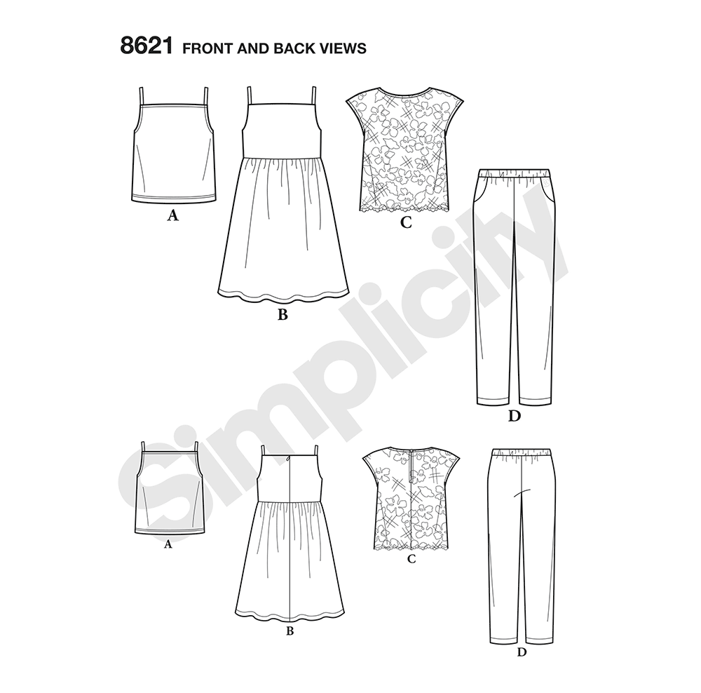 Simplicity sewing pattern S8621 envelope showing girls' casual wear
