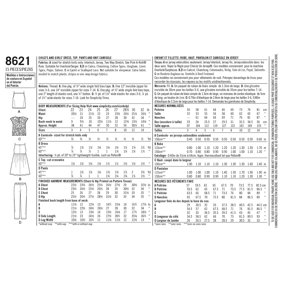 Simplicity sewing pattern S8621 envelope showing girls' casual wear