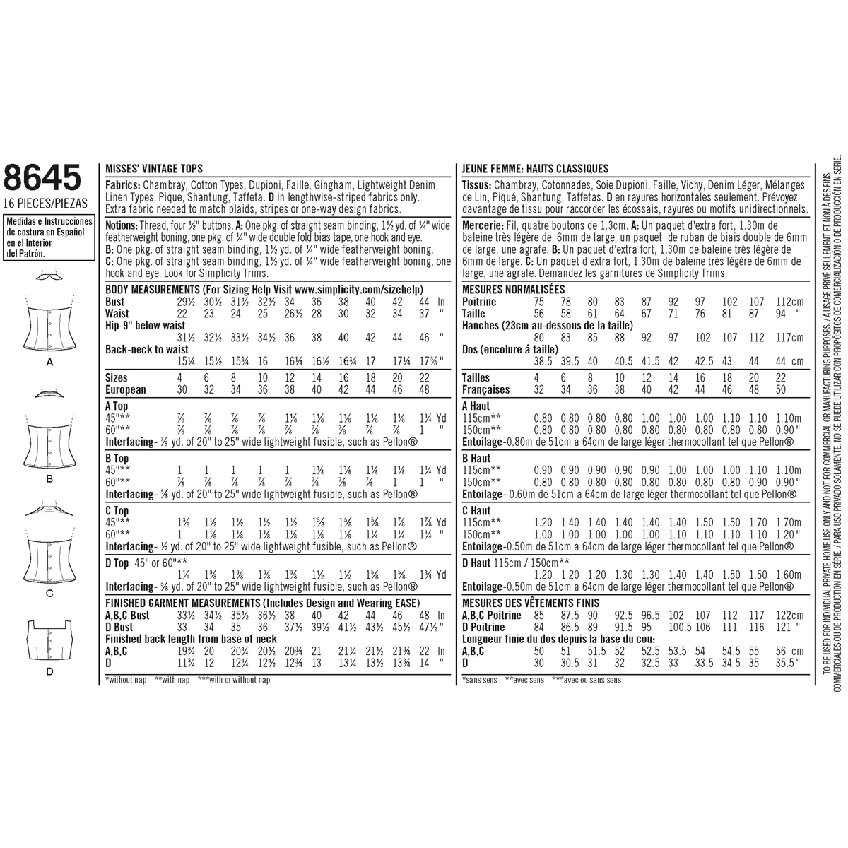 Simplicity sewing pattern S8645 envelope showing halter and sun tops