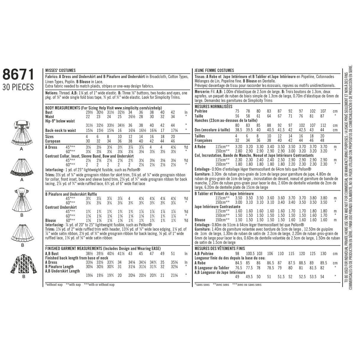 Simplicity S8671 sewing pattern envelope showing misses' empire waist dress costume