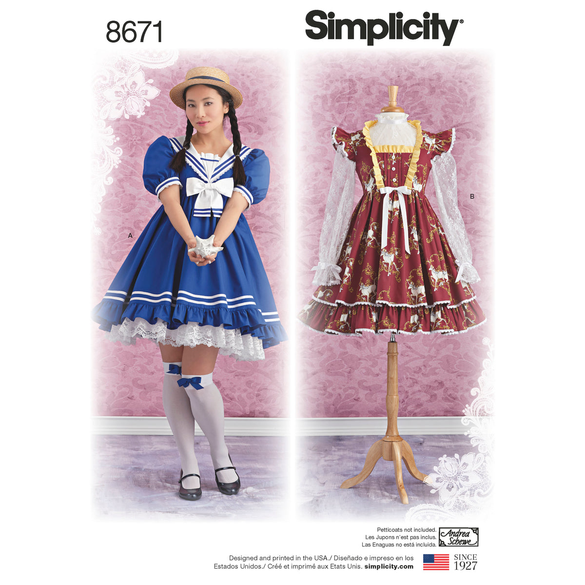 Simplicity S8671 sewing pattern envelope showing misses' empire waist dress costume