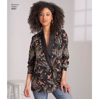 Simplicity S8697 sewing pattern envelope showing women's plus size boyfriend blazer