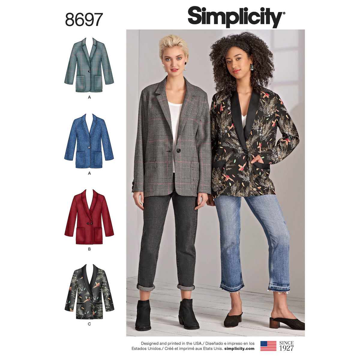 Simplicity S8697 sewing pattern envelope showing women's plus size boyfriend blazer