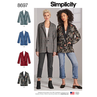 Simplicity S8697 sewing pattern envelope showing women's plus size boyfriend blazer