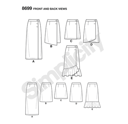 Simplicity S8699 sewing pattern envelope showing misses' wrap-front skirt & trousers