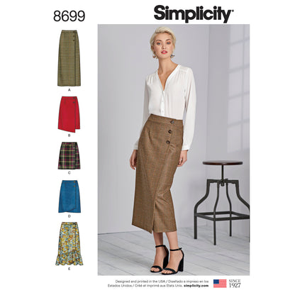 Simplicity S8699 sewing pattern envelope showing misses' wrap-front skirt & trousers