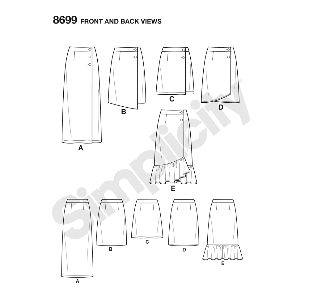 Simplicity S8699 sewing pattern envelope showing misses' wrap-front skirt & trousers