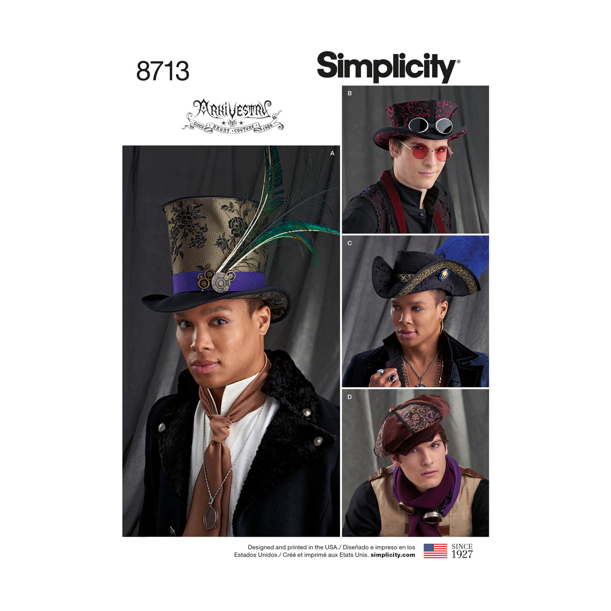 Simplicity S8713 sewing pattern envelope showing arkivestry men's hats