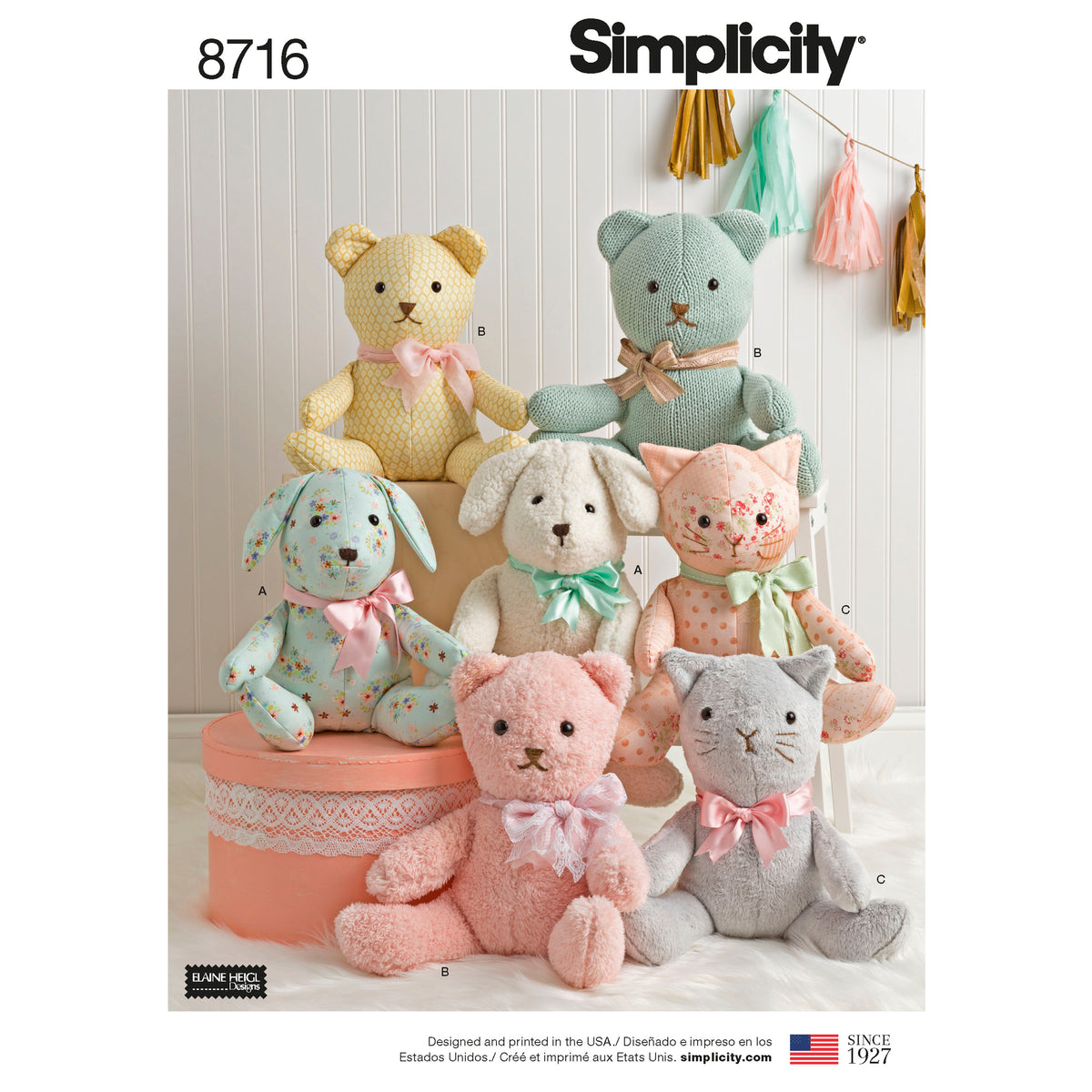 Simplicity S8716 sewing pattern envelope showing elaine heigl stuffed animals