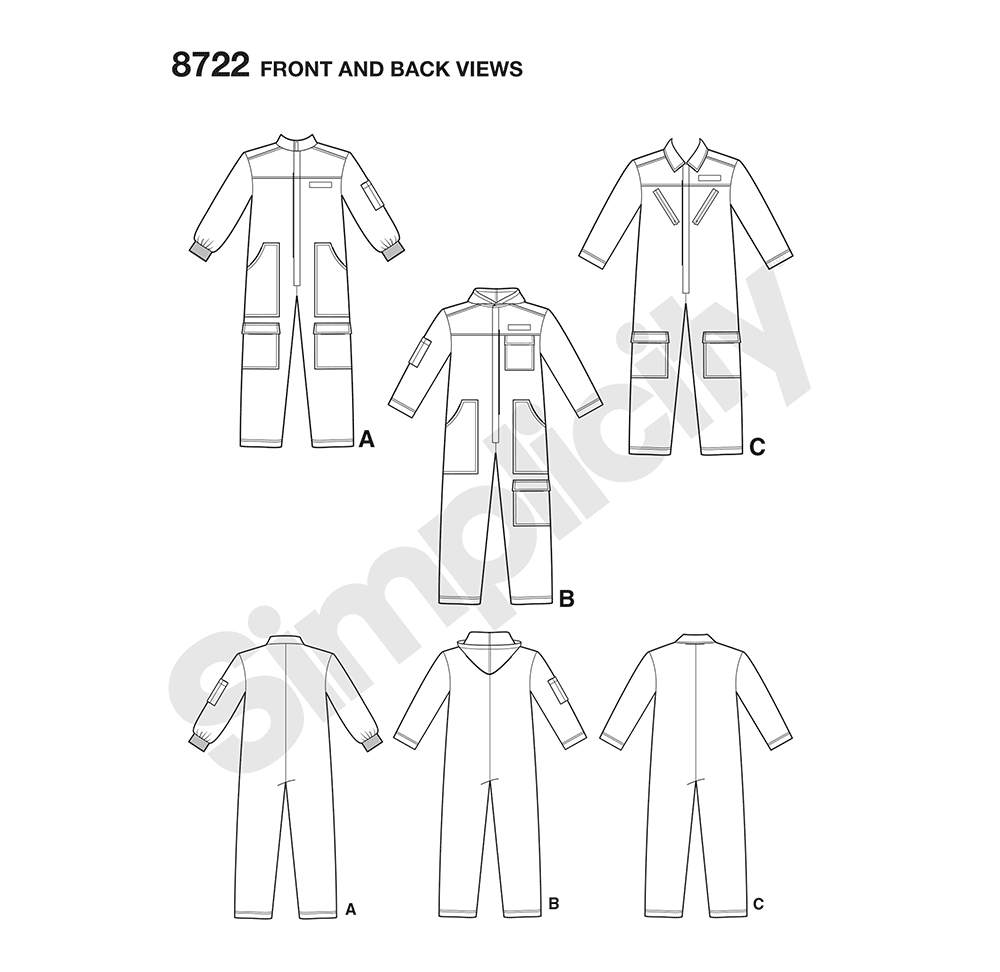 Simplicity S8722 sewing pattern envelope showing unisex flight suit coverall costume