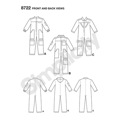 Simplicity S8722 sewing pattern envelope showing unisex flight suit coverall costume
